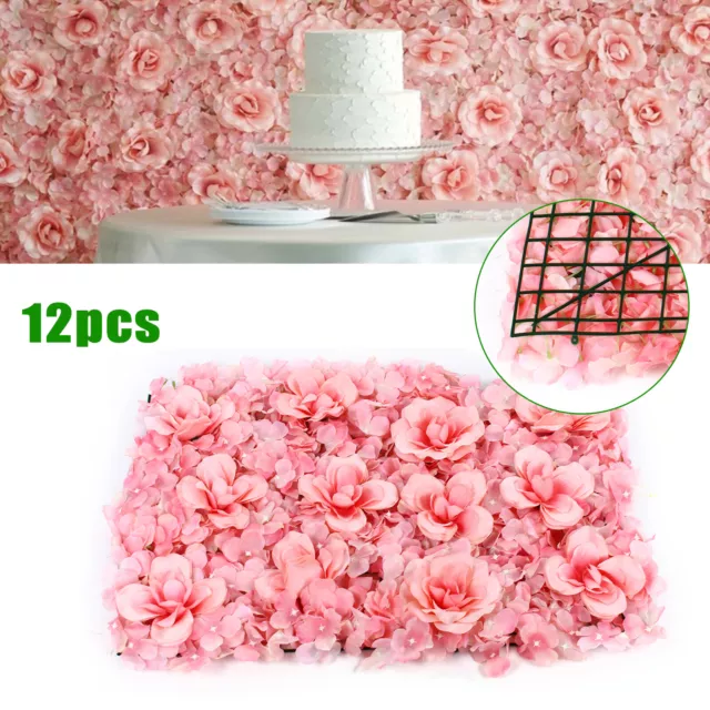 12 PCS Artificial Pink Silk Flower Wall Panels Rose Hydrangea Background Decor