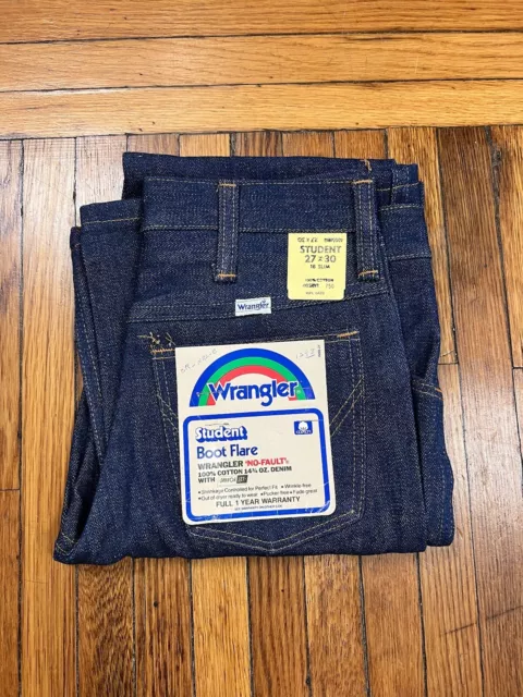 Vintage 70s Wrangler No Fault Boot Flare Student 27x30 Blue Denim Jeans NOS USA