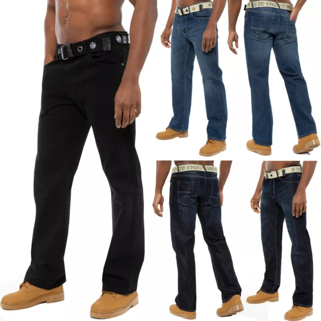 Enzo Hommes Jeans Jambe Droite Pantalon Ceinture Coupe Standard Tailles UK