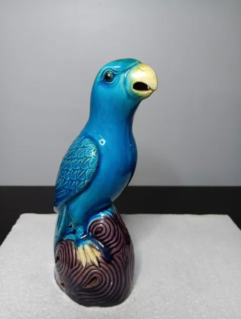 Antique  Chinese Export Turquoise Blue Porcelain Glazed Bird Parrot 8" Rare