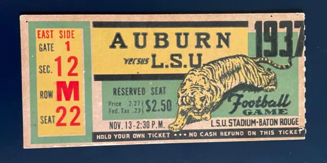 LSU vs. Auburn Tigers SEC football ticket 1937 Sugar Bowl Season for LSU