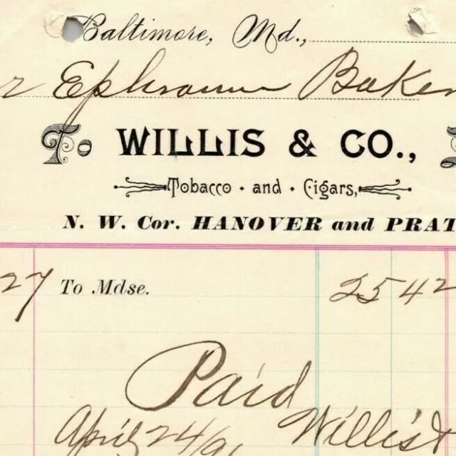 1896 Letterhead Billhead Willis & Co. Tobacco Cigars Baltimore Ephraim Baker*