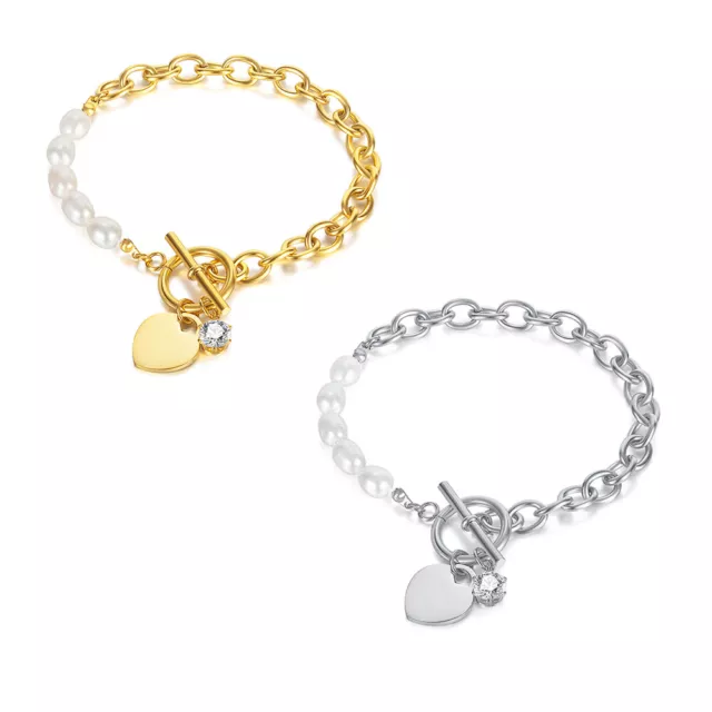 Stainless Steel Freshwater Pearls Love Zircon OT Buckle Cool Bracelets Jewelry