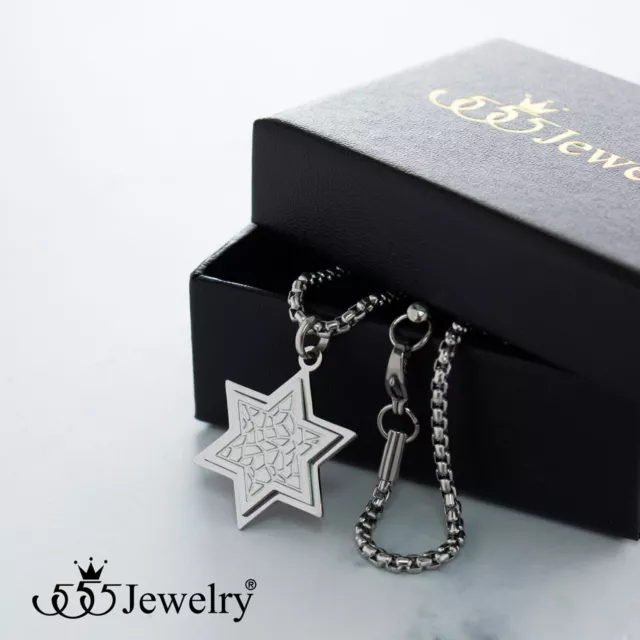 555Jewelry Stainless Steel Patterned Star of David Necklace 16-24 Inch Box Chain