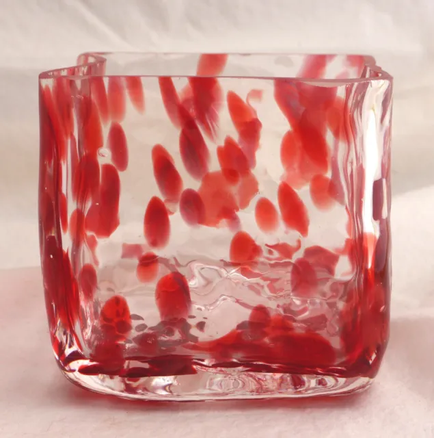 Hand Blown Organic Square Art Glass Vase: Fused Clear over Layer with Red Spots