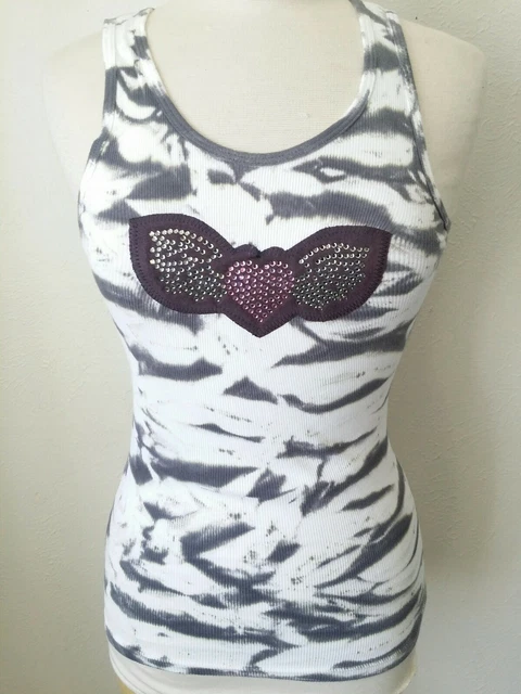 NEW  Troo Vintage Rhinestone LOVE Tank Top. HEART BLING ANGEL WINGS TIE DYE
