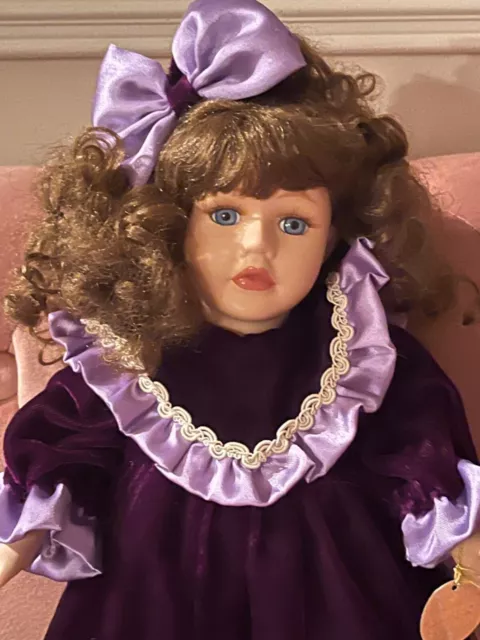 Victorian Porcelain Doll in Purple Velvet Dress