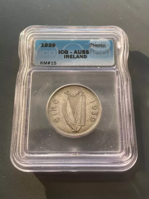 1939 IRELAND SILVER FLORin (2 SHILLINGS) ICG AU 55 HIGH GRADE Scarce