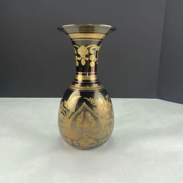 Vintage Pitcher Vase Black Brass Big Bottom Etched Floral 8.5"