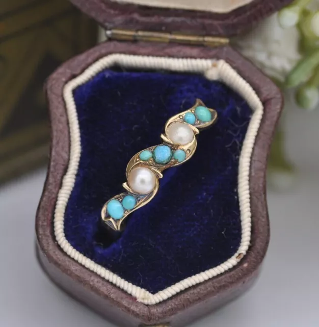 Antique 9ct Gold Turquoise and Pearl Ring - Victorian Gold Jewellery | UK Size M