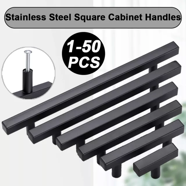 Matte Black Square Modern Cabinet Handles Pulls Kitchen Drawer Stainless Steel