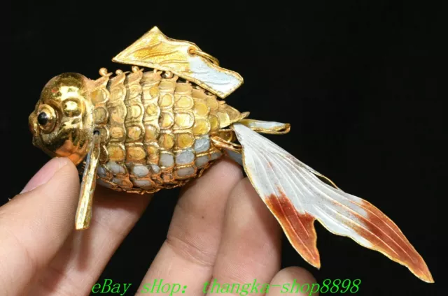 4.7''Old Rare Chinese Dynasty Bronze Gilt Cloisonne Fish Goldfish Animal Pendant