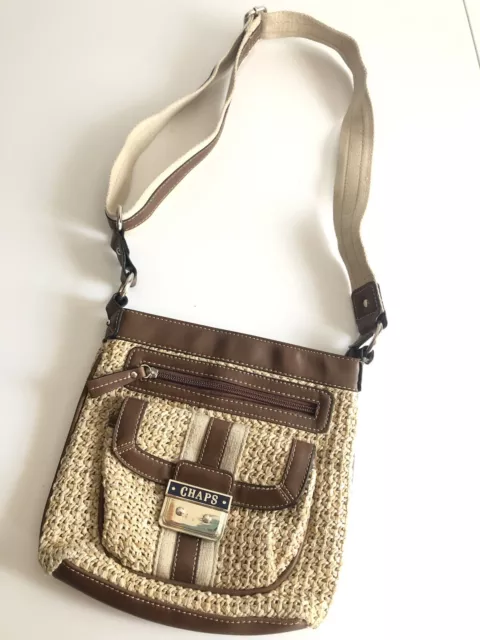 Chaps Straw & Brown Vegan Leather Shoulder Bag Purse Satchel Handbag