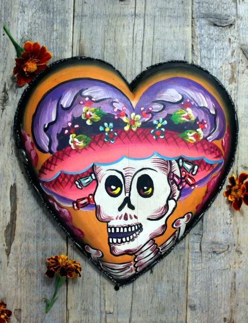 Day of the Dead Catrina Handmade & Painted Wood Heart Pátzcuaro Mexican Folk Art