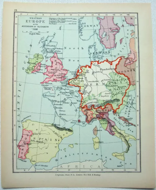 Vintage Longmans Map of Western Europe in 1558 at the Accession of Elizabeth