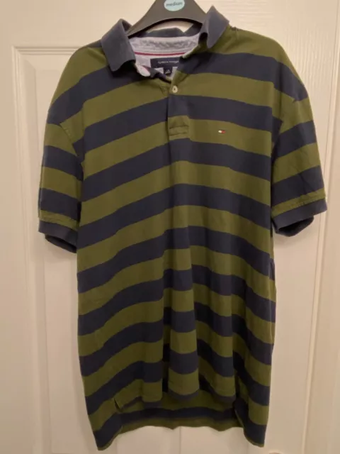 Tommy Hilfiger Polo Shirt Mens Large Green Striped Short Sleeve Top