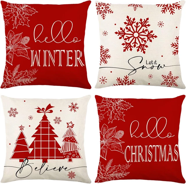 LTDKAEN Red Christmas Cushion Covers 45x45cm Set of 4 Christmas Tree Snowflakes