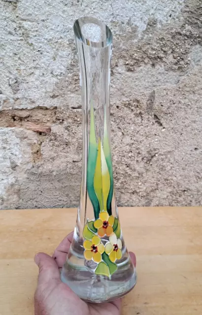 Ancien vase soliflore tulipier décor fleur émaillé en verre col biseauté /Déco