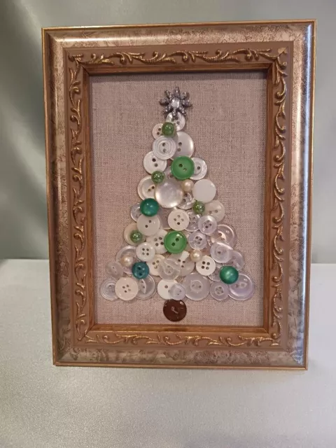 Vintage button art framed, Christmas tree, costume jewelry, pearls, buttons