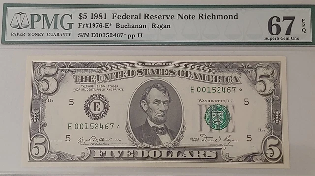 TOP POP - 1981 $5 FRN Star Note Richmond Star PMG 67EPQ  E00152467* Fr.#1976-E*
