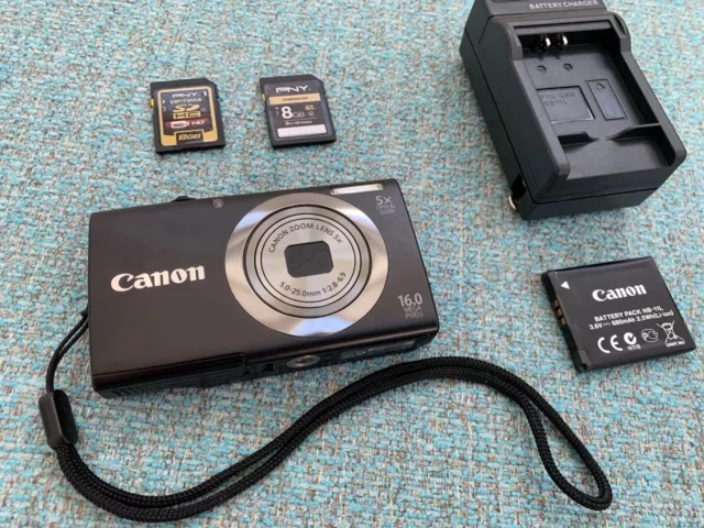 BLACK Canon PowerShot A2300 HD 16.0 MP Digital Camera + Two 8GB cards + Charger
