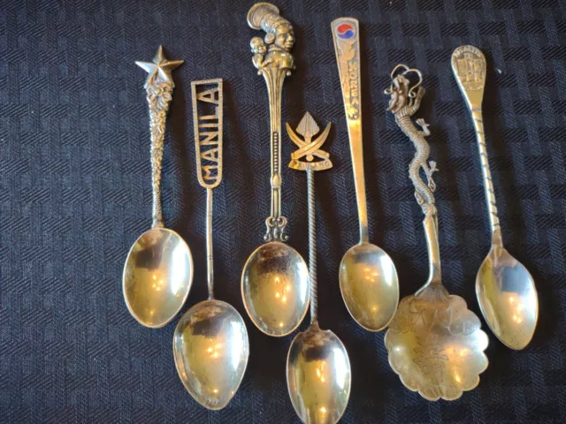 7 Unique Assorted Possibly Sterling Silver Souvenir Spoon Collection