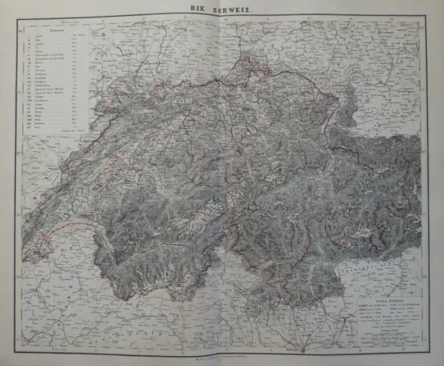 Landkarte, Die Schweiz, Zürich, Bern, Genf, Sohr-Berghaus Glogau 1884 Flemming