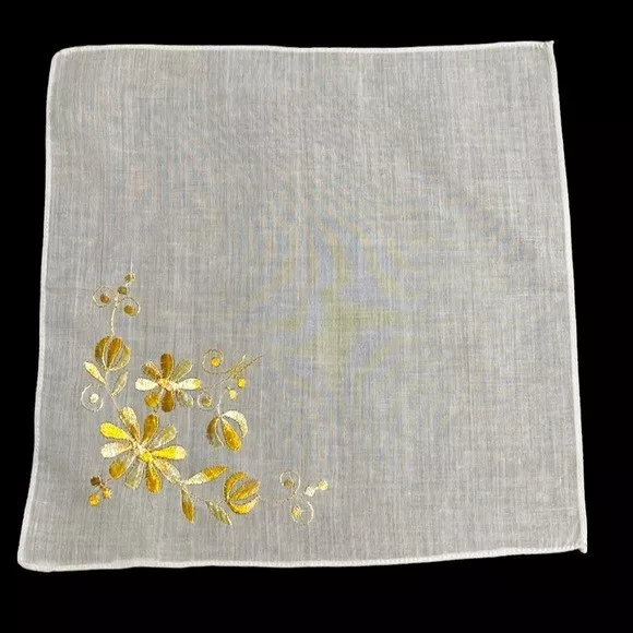 Vintage Handkerchief Embordered White Yellow Flower Florals Cotton Square 9.75"
