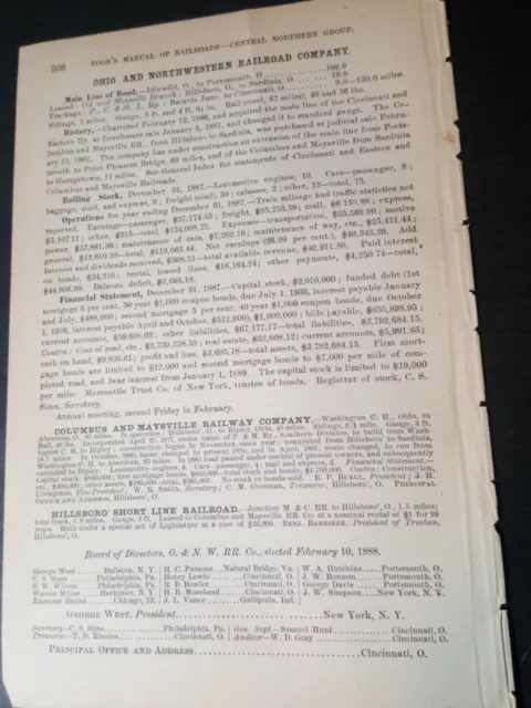 1888 train report OHIO & NORTHWESTERN RAILROAD Idlewild Portsmouth Sardinia OH