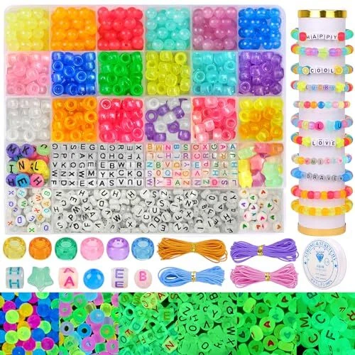 DULEFUN Glow Beads Bracelet Making Kit Glow in The Dark Pony Beads Letter Bea...