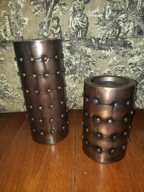 Vtg Pair Metal Copper Tone Textured/Nailhead Pillar Candle Holders 10.5" & 7" T