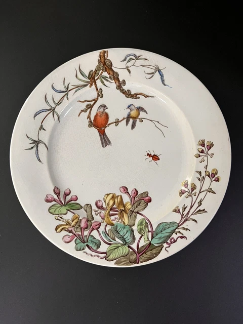 Ancienne Assiette en Faience Bordeaux Jules Vieillard Fleurs Oiseaux NELLA 22 Cm