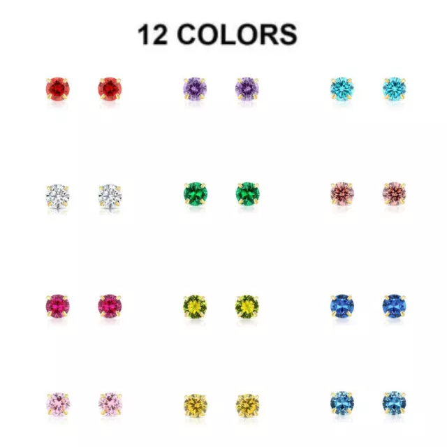 14K Real Solid Yellow Gold 3mm CZ Birthstone Stud Earrings Pushback Sleeper Stud