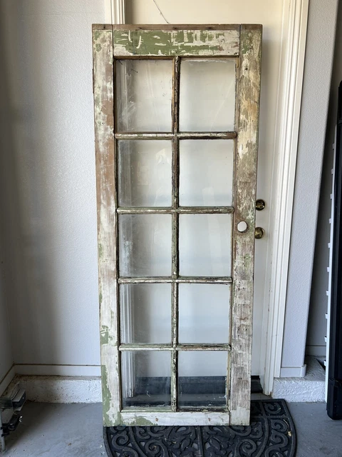 Antique Glass Door, 10 Panes, 1900, Beautiful chippy paint