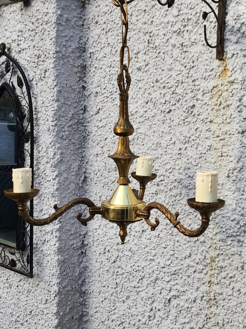 VINTAGE mid 19th C  STYLE  3 LIGHT ROCOCO LOOK  BRASS CHANDELIER  20"