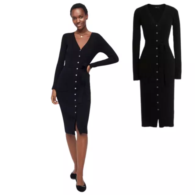 J. Crew Womens Cardigan Dress XS Black Midi Ribbed Knit Bodycon Long Sleeve