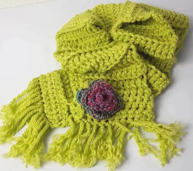 Handmade Crochet Scarf Chunky Knit Green Tasselled Flower Accent L56" Vgc