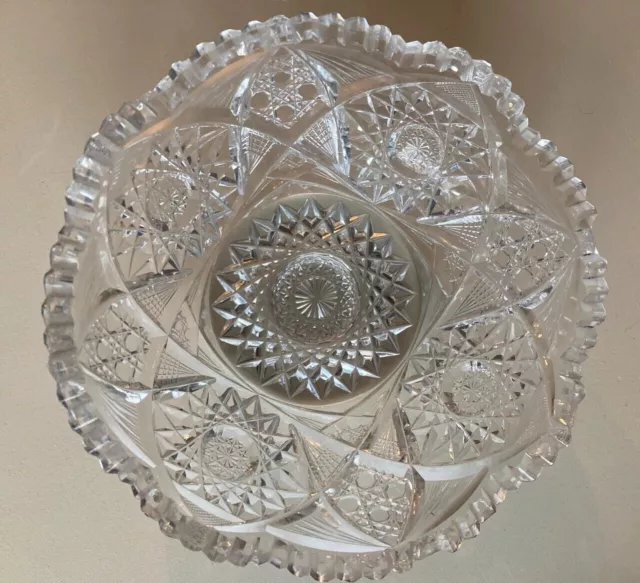 Antique American Brilliant Period ABP Cut Crystal Glass Hobstar Sawtooth Bowl 8"