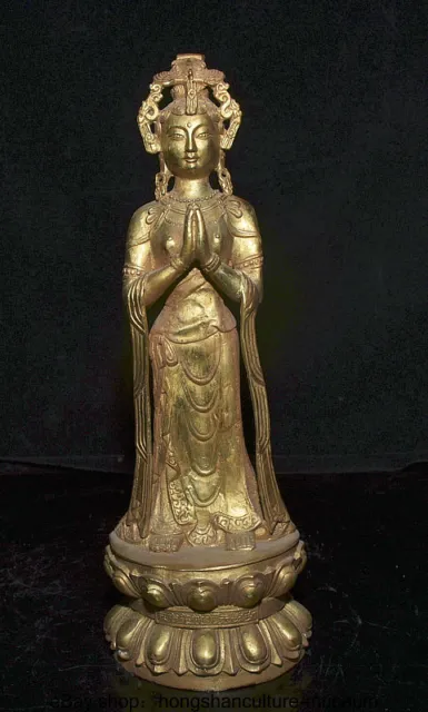 12.8 " Old Tibet Buddhism Copper Gilt Guanyin Kwan-Yin Buddha Lotus Statue