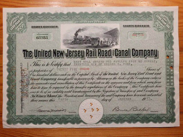 RR: United New Jersey RR & Canal, New Jersey, 1953, div. Sh., Steuermarken*