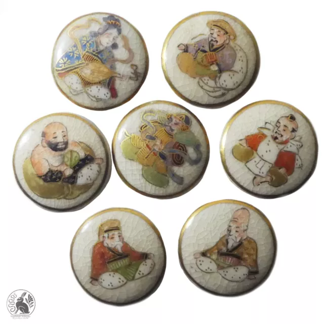 Seven antique handpainted Japanese Satsuma buttons Geisha Samurai & scholars