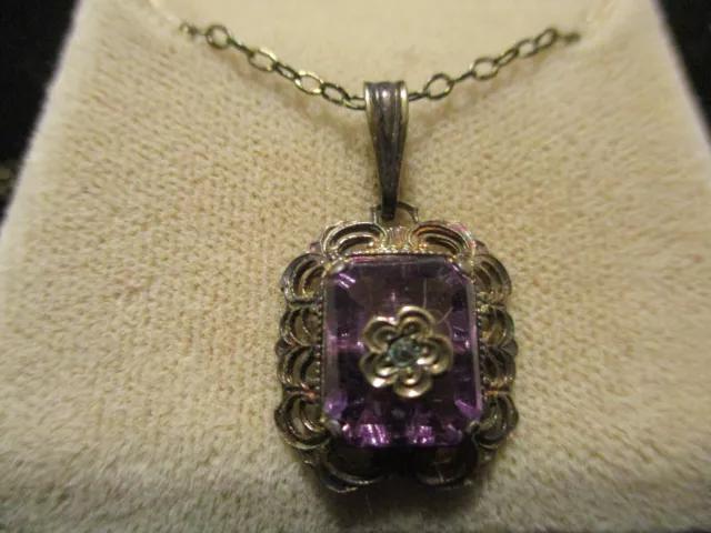 Antique Art Deco Gold Filled Purple Glass Filigree Small Pendant Chain Necklace