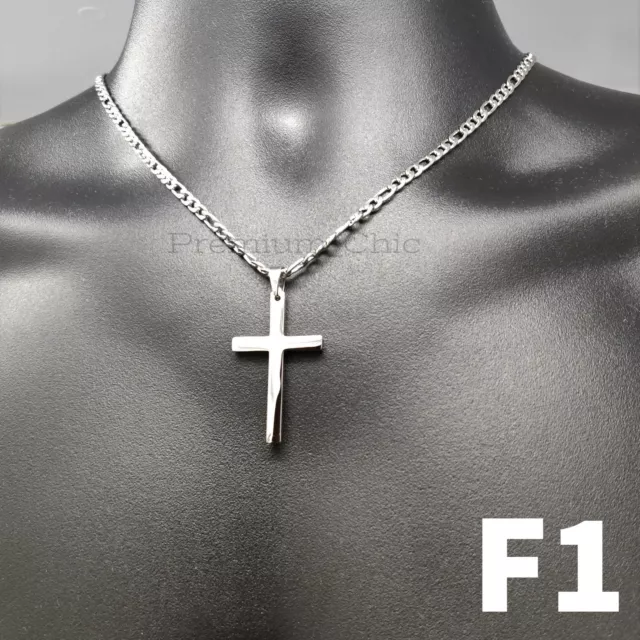 Mens Womens Stainless Steel Figaro Chain Necklace w Cross Pendant Plated