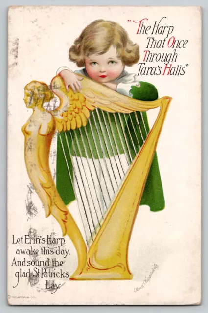 St. Patrick's Day Signed CLAPSADDLE Little Girl Harp 1919 Vtg Antique Postcard
