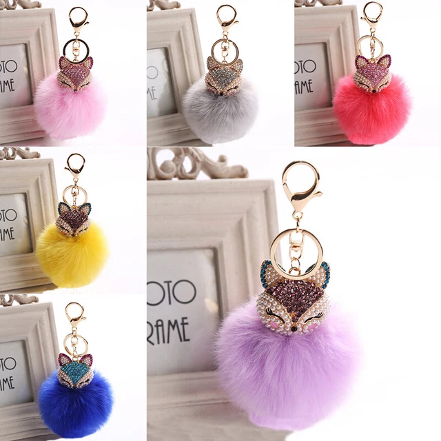 Crystal Faux Fox Fur Keychain Car Key Chain Key Ring  Women Bags Pendants Decor