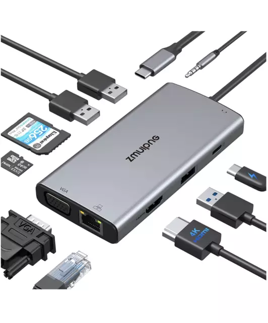 10-in-1 USB-C Hub Multiport Adapter HDMI, VGA, RJ45, USB 3.0, Docking Station