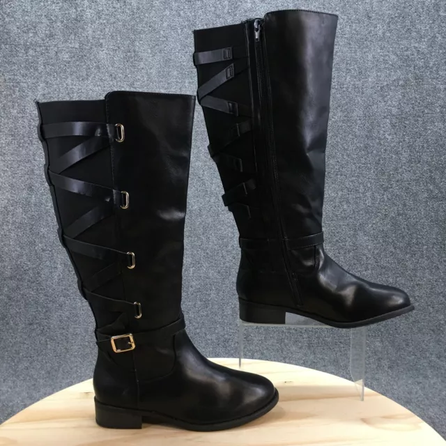 Thalia Sodi Boots Womens 7 Wide Veronika Riding Black Faux Leather Buckle NEW