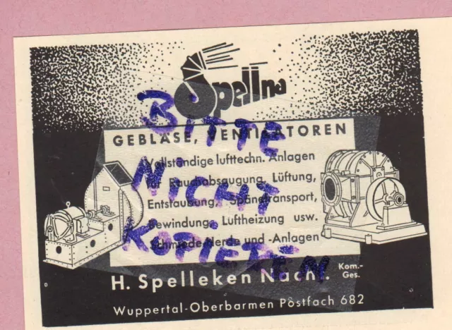 WUPPERTAL-OBERBARMEN, Werbung 1952, H. Spelleken Nachf. KG Gebläse Ventilatoren