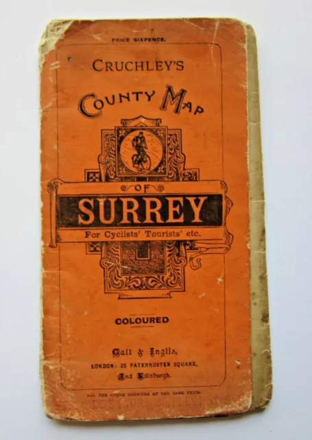 19thC Surrey Antique County Map Cruchley Gall & Inglis Cyclist Tourist Railways