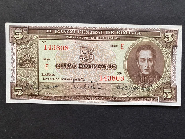 BOLIVIA, 1945, Billete Banco Central de Bolivia, CINCO BOLIVIANOS, Serie E, Unc